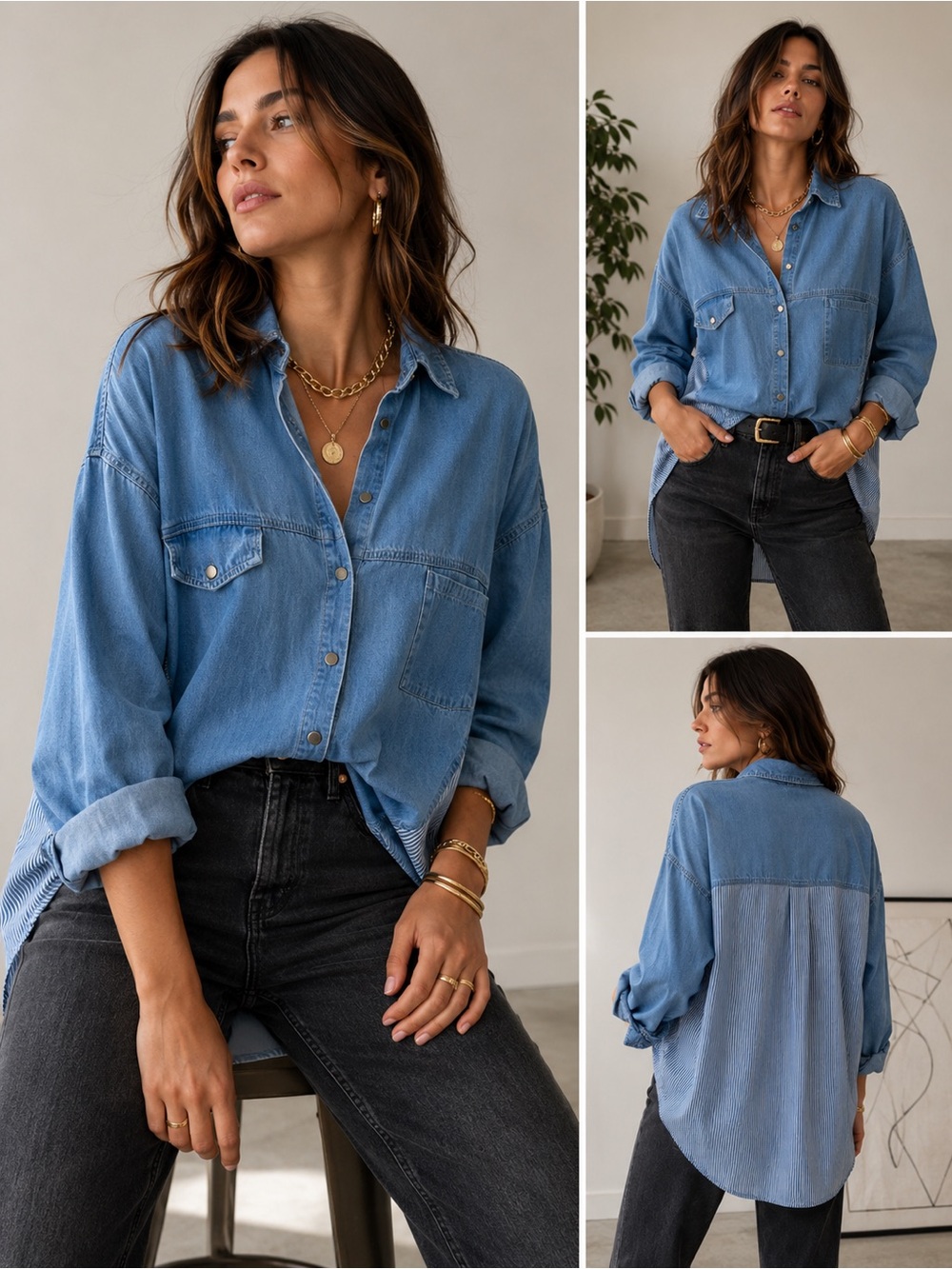 Blue Denim Button Front Shirt Striped Contrast Panels 100% Cotton M